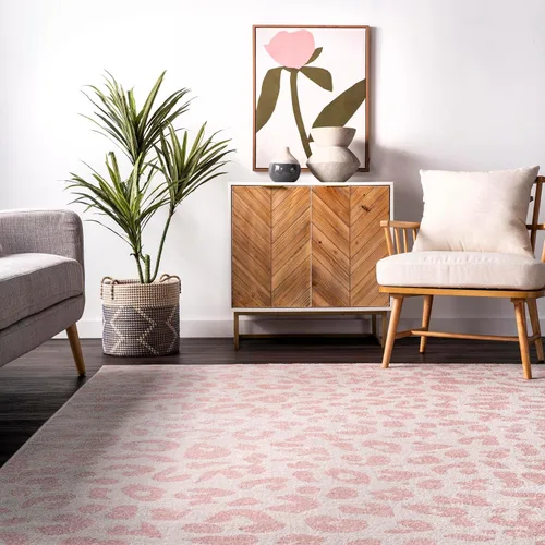 Vista 7 de Nuloom Annette Baby Pink/Ivory, 2 pies 8 pulgadas x 8 pies, estampado de leopardo, suave y acogedor, alto tráfico, resistente a las manchas, fácil