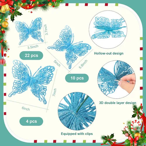 Vista 2 de Charniol 36 piezas de 3 tamaños para árbol de Navidad, decoraciones de mariposa hueca con purpurina, adornos colgantes con clips para manualidades