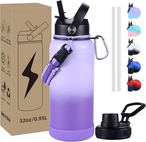 Vista 14 de Botella de Agua Aislada, botellas de agua de boca ancha de acero inoxidable de 32 onzas con 2 tapas a prueba de fugas y mango de paracord, botella