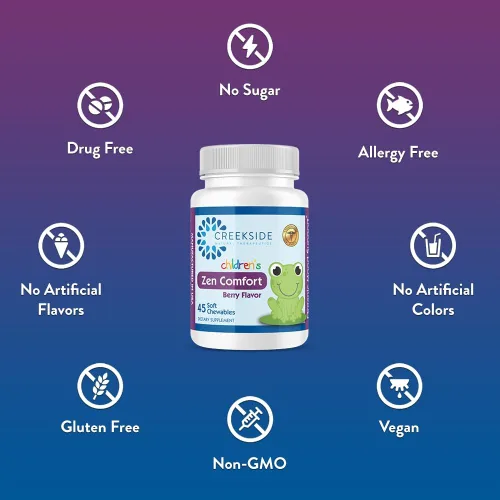 Vista 5 de Zen Comfort para niños, Apoyo orgánico para la relajación con 5-HTP, L-Teanina, Pasiflora, Zinc, Formulado por pediatras, Sin azúcar, Vegano, Sabor