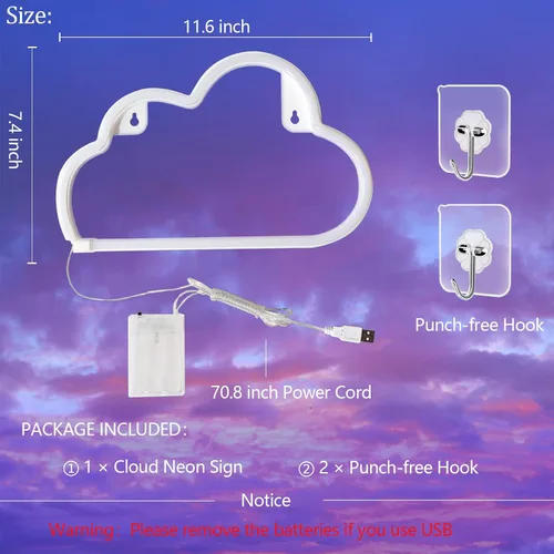 Vista 3 de Luz de neón LED en forma de nube para decoración de pared, luces de pared en forma de nube con alimentación por batería o USB para habitación Azul