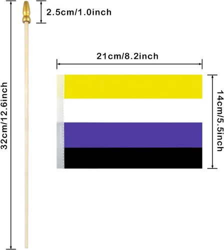Vista 2 de Newperlite Nonbinary NB Pride Stick - Banderas pequeñas de mano LGBT - Poste de madera maciza y parte superior de lanza, paquete de 12, 5 x 8