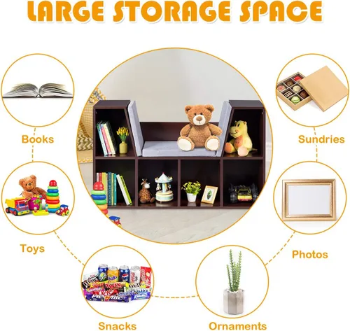 Vista 6 de HONEY JOY Organizador de rincón de lectura con cojín de asiento, estantería para niños con rincón de lectura, estante de almacenamiento de esquina