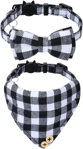 Vista 14 de Faleela Juego de 2 collares de gato con corbata de moño y campana, collar de camisa a cuadros para gatito ajustable de seguridad