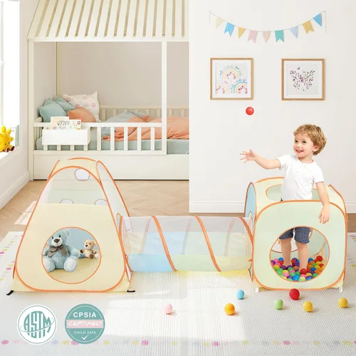 Vista 3 de UTEX Tienda de campaña desplegable 3 en 1 con túnel, pozo de pelotas para niños, niñas, bebés y niños pequeños, casa de juegos para interiores