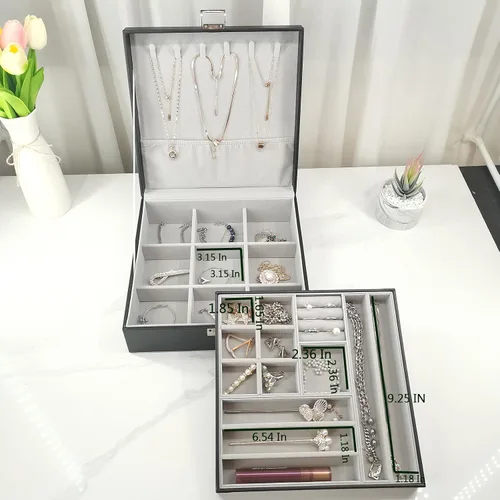Vista 8 de BOOVO Joyero de piel sintética con cerradura organizador de joyas multifuncional para mujer adecuado para almacenamiento collares anillos pulseras