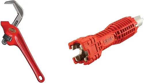 Vista 7 de RIDGID 31305 Modelo E-110 Llave de tubo de 9.5" con boca hexagonal desviada, roja, fabricada en EE. UU. y 31010 Modelo 10 Llave de tubo recta