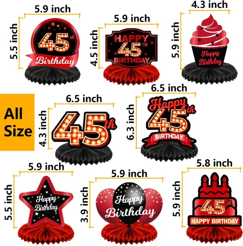 Vista 2 de Feliz 45 cumpleaños rojo y negro centros de mesa de panal de abeja decoraciones de globos decoración de mesa centros de mesa para niñas mujeres