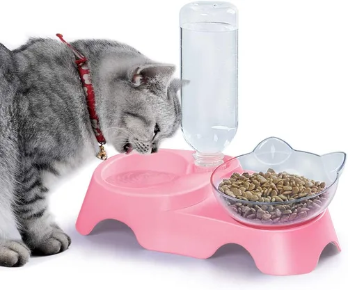 Vista 9 de MILIFUN Cuencos dobles para perros y gatos, juego de cuencos de agua y comida para mascotas, juego de cuencos inclinados de 15° para agua