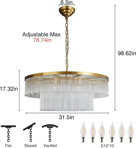 Vista 2 de Candelabros de Vidrio, Candelabro de Latón de Dos Niveles con 10 Luces de 31.5" para Sala de Estar, Candelabros Modernos Redondos de Gran