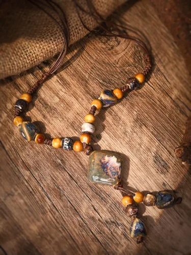Vista 7 de MINACHI Boho Vintage Ceramic Floral Beaded Long Necklace, Personality Jewelry for Women