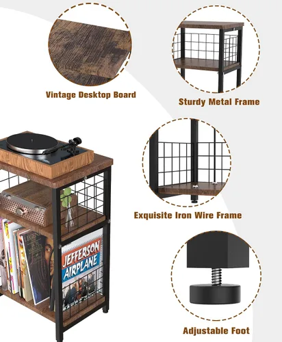 Vista 6 de Soporte para tocadiscos de vinilo, mesa auxiliar de 3 niveles con doble capa, color negro Turntable Record Stand Storage Up to 100 Albums