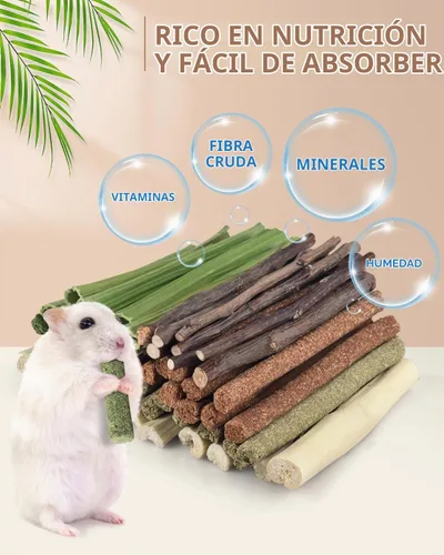 Vista 2 de Bissap 54 palitos masticables de conejo, mezcla de bambú dulce natural, Timothy, heno, avena, zanahoria, palo masticable, rama de manzana, conejito