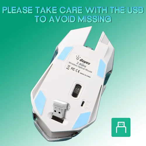 Vista 5 de VEGCOO Ratón inalámbrico blanco para juegos, mouse inalámbrico de clic silencioso con 3 niveles DPI, mouse de computadora recargable con luces LED