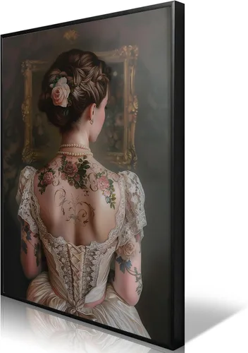 Vista 20 de Pintura retro de chica con estilo vintage en lienzo con estampado de rosas, póster estético antiguo, chica victoriana de estilo moody, arte de pared