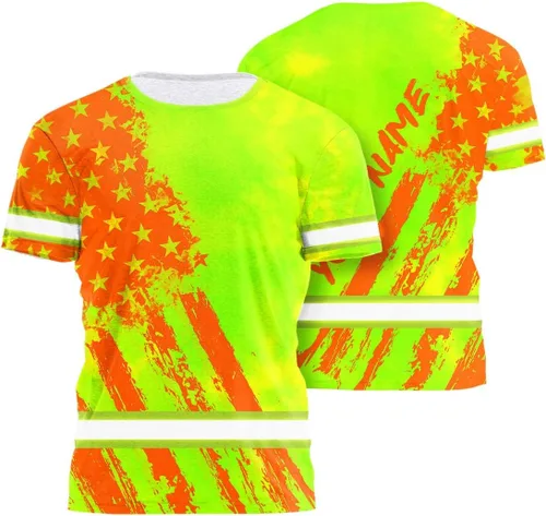 Vista 17 de Camisa de alta visibilidad con bandera de Estados Unidos de color para hombres y mujeres, con nombre personalizado, camisa de seguridad reflectante