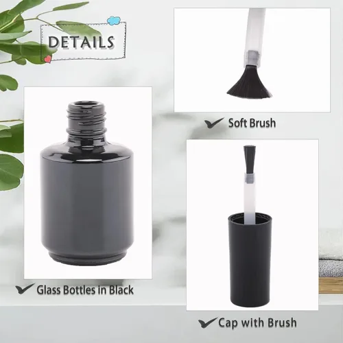Vista 3 de Botellas vacías de esmalte de uñas de gel de 0.5 onzas líquidas, botellas vacías de esmalte de uñas con cepillo negro mate, botellas redondas opacas