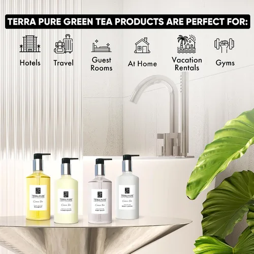 Vista 2 de 1-Shoppe Terra Pure Ecobox Kit de Amenidades Jabón de té verde Champú, acondicionador, loción corporal, gel de baño 10.14 oz Artículos