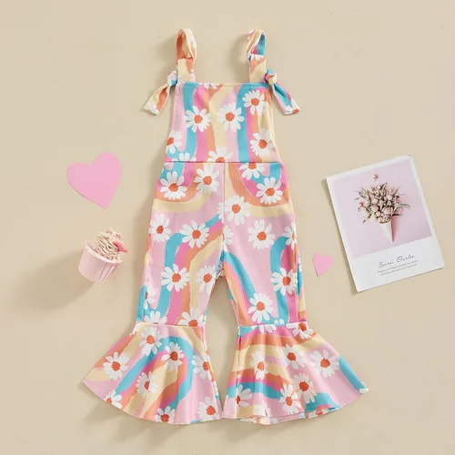 Vista 2 de ZyHwShine Conjunto de tirantes acampanados para niñas, con volantes, botones, ombliguera, pantalones de campana, pantalones de verano para niños