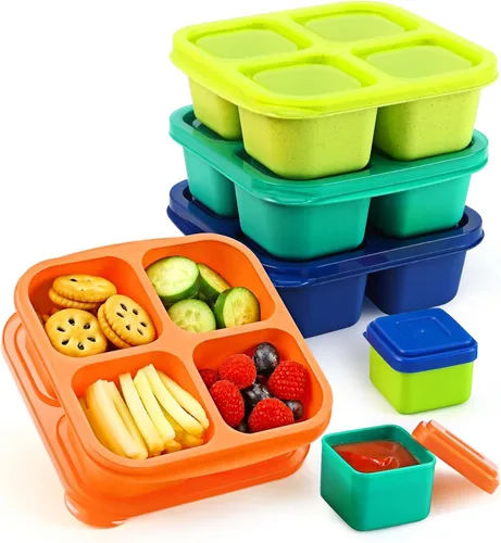 Vista 8 de Caperci Recipientes para aperitivos con 4 compartimentos (paquete de 4) con 2 tazas de salsa a prueba de fugas, recipientes divididos reutilizables