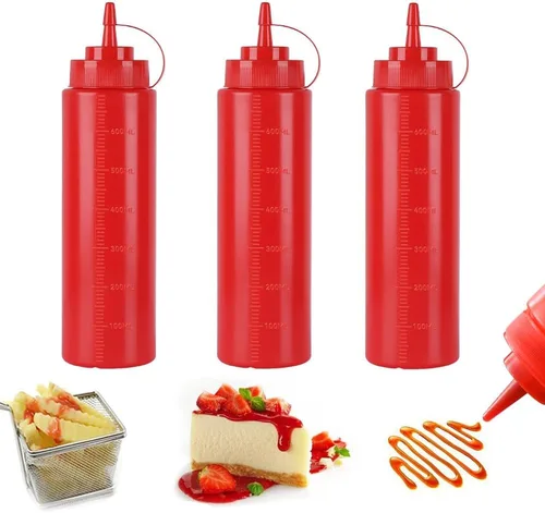 Vista 20 de Botellas de plástico de 3 colores de 12 onzas, botellas para apretar condimentos, botella multiusos para salsa de tomate, aceite, mermelada, salsa