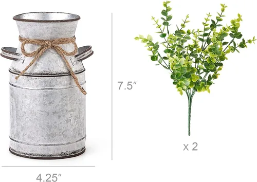 Vista 6 de Dahey Florero de metal con eucalipto artificial, rústico, shabby chic, decoración de granja y plantas artificiales de eucalipto sintético