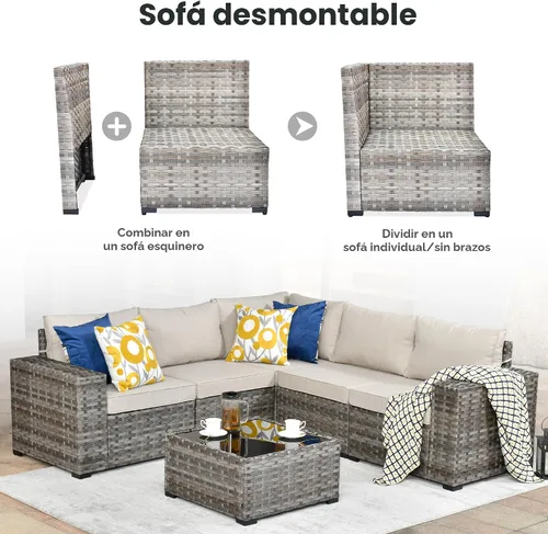 Vista 9 de ovios Juego de muebles de patio de 6 piezas, sofá seccional de mimbre para exteriores con mesa auxiliar, cómodos cojines, moderno sofá modular Beige