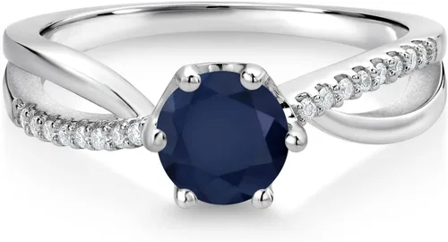 Vista 2 de Gem Stone King Anillo de compromiso de plata de ley 925 con zafiro redondo y moissanita blanca para mujer
