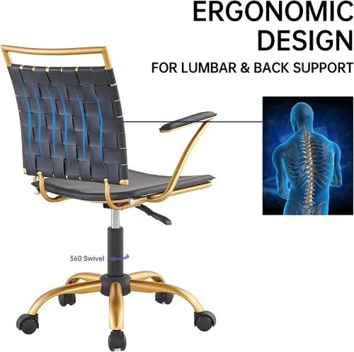 Vista 7 de Silla de oficina moderna de cuero, color dorado y negro, bonita silla de conferencias con respaldo medio con ruedas y brazos, cómoda silla giratoria