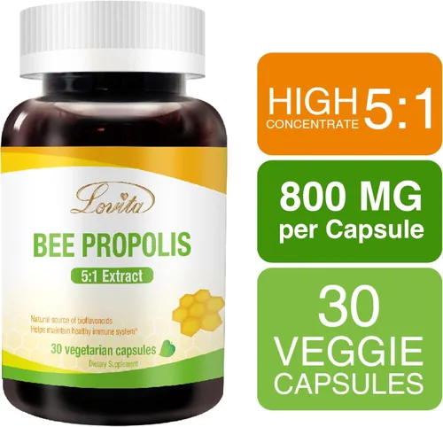 Vista 2 de LOVITA Cápsula de propóleo Alta potencia Concentración 5:1 Extracto de propóleo natural 30 cápsulas vegetarianas (suministro de 1 mes)