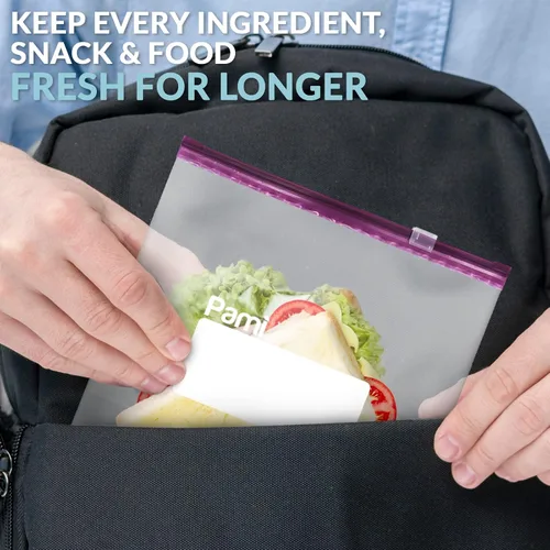 Vista 4 de PAMI Bolsas reutilizables para congelador deslizantes a prueba de fugas con parte inferior expandible y etiqueta para escribir, bolsas