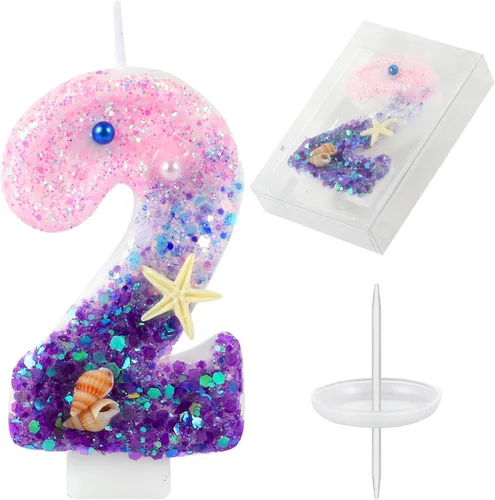 Vista 8 de Velas de cumpleaños, velas rosas y moradas del número 0 decoradas con caracolas, estrellas de mar y perlas para fiesta temática de sirena Morado