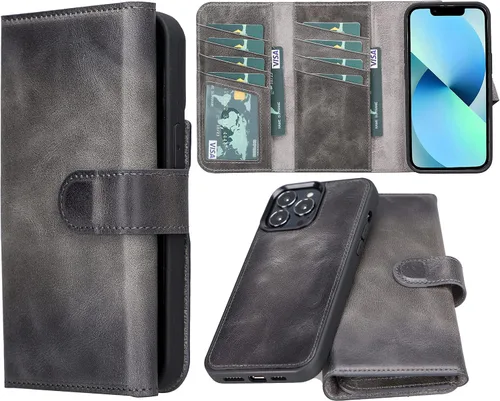 Vista 12 de Bayelon Funda compatible con iPhone 13 Pro, billetera de cuero triple de grano completo [2 en 1], funda magnética desmontable con ranuras