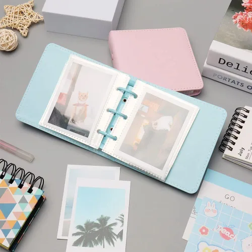 Vista 5 de Mini álbum de fotos, soporte para tarjetas de fotos azules, tarjetas fotográficas Kpop de piel sintética de 3 anillos, álbum de películas de fotos