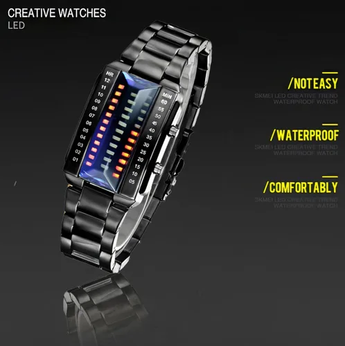 Vista 4 de Reloj digital digital para hombre, diseño de matriz binaria creativa, resistente al agua, de acero inoxidable, de plata militar