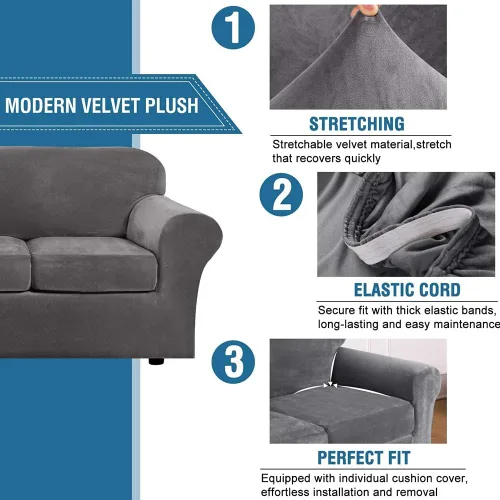 Vista 2 de Funda de sofá suave de terciopelo de alta elasticidad, 4 piezas lavable para sofá de 3 cojines separados, protector de muebles de tela de felpa