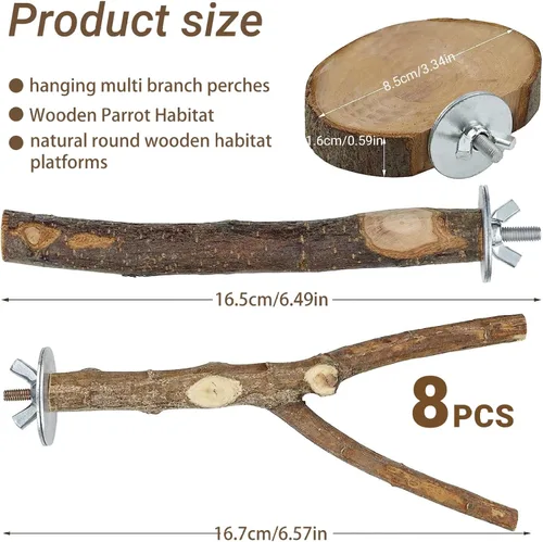 Vista 5 de Juguetes para loros, 8 piezas de perca de madera natural para pájaros, juguetes de periquito colgables, parque infantil para loros, periquitos
