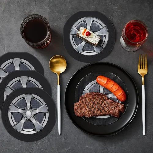 Vista 4 de Henoyso - 100 servilletas para neumáticos de automóvil de 6 pulgadas, servilletas de fiesta de cumpleaños de coches de carreras, suministros