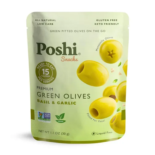 Vista 11 de Poshi Olives + Veggies Variedad de aceitunas enteras sin hueso de 4 sabores Poshi 4 sabores Vegano, Kosher, sin gluten + Snacks saludables
