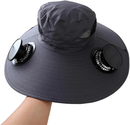 Vista 10 de Sombrero de ventilador alimentado por energía solar, con 2 ventiladores de carga solar USB extraíbles, sombrero de ala ancha para pesca al aire