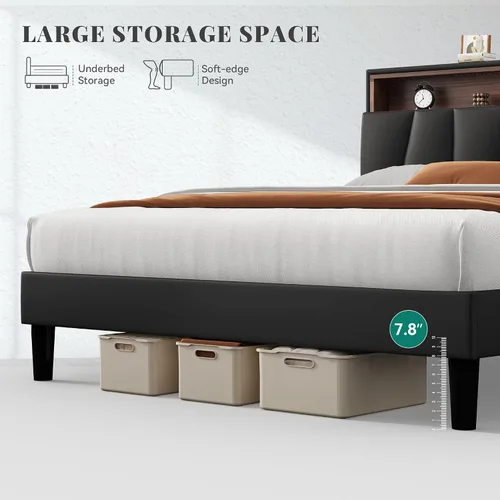Vista 6 de YITAHOME Base de cama de tamaño matrimonial, marco de cama LED con cabecera tapizada de almacenamiento, cama de plataforma con salida y puertos USB