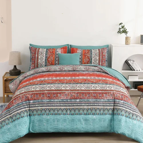 Vista 30 de Cottolester - Juego de edredón bohemio de tamaño matrimonial, 8 piezas, ropa de cama de microfibra suave en una bolsa, rayada y de color aguamarina