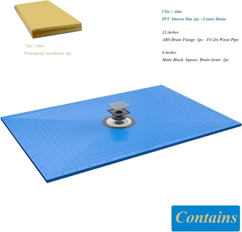 Vista 2 de Kit de plato de ducha de azulejos 72X48 Corte a medida Incluye: bandeja de ducha, drenaje de ducha ajustable y membrana impermeable.
