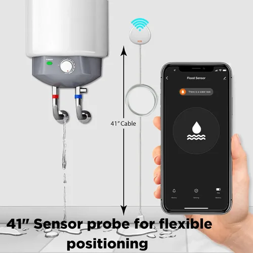Vista 2 de MOBI Detector inteligente de fugas de agua WiFi, alertas de aplicaciones, alarma con sensor de inundación con sonda de extensión de 48 pulgadas,