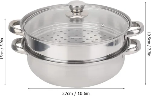 Vista 7 de Olla de vapor de 2 capas, olla doble caldera, olla de cocina de acero inoxidable con tapa de vidrio templado y asas dobles, funciona con horno