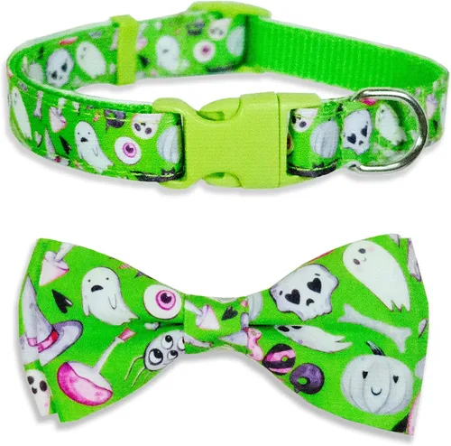 Vista 15 de Collar de perro de Halloween con corbatín, collar ajustable de vacaciones con estampado de fantasma con hebilla resistente, 3 tamaños para perros