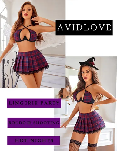 Vista 5 de Avidlove Conjunto de lencería para mujer con aros de dos piezas, conjunto de lencería sexy con minifalda plisada de encaje