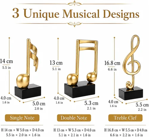 Vista 2 de Notakia - Decoración de notas musicales doradas, 3 piezas, estatuas
