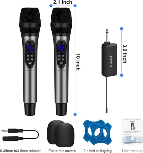 Vista 9 de HOTEC Micrófonos inalámbricos Dual UHF Sistema de micrófono de mano con control de eco/volumen, receptor recargable para karaoke, iglesia, boda