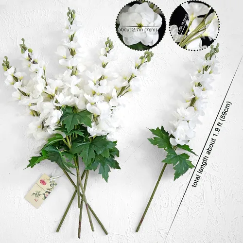 Vista 6 de FiveSeasonStuff Real Touch - Flores artificiales blancas Delphinium - 3 tallos realistas de flores artificiales para centros de mesa de boda